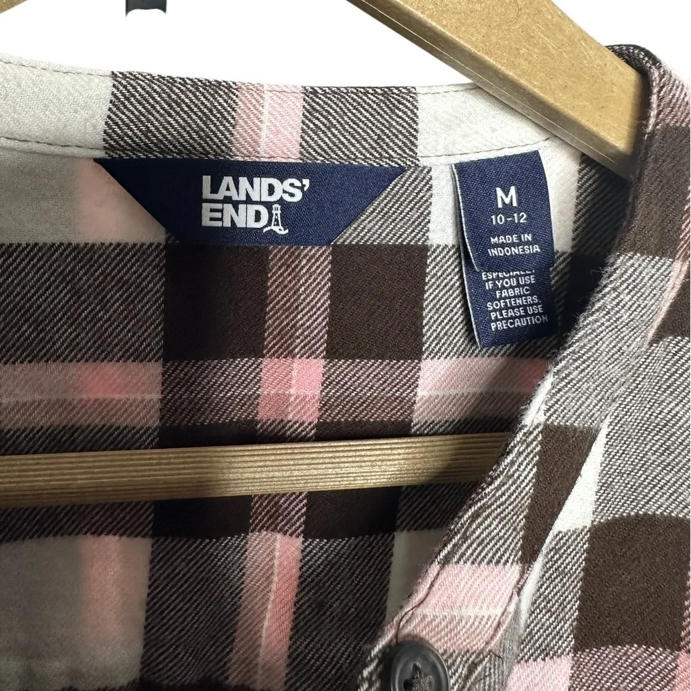 Lands' End Plaid Flannel Blouse | Brown Pink Ivory | Cotton | Medium